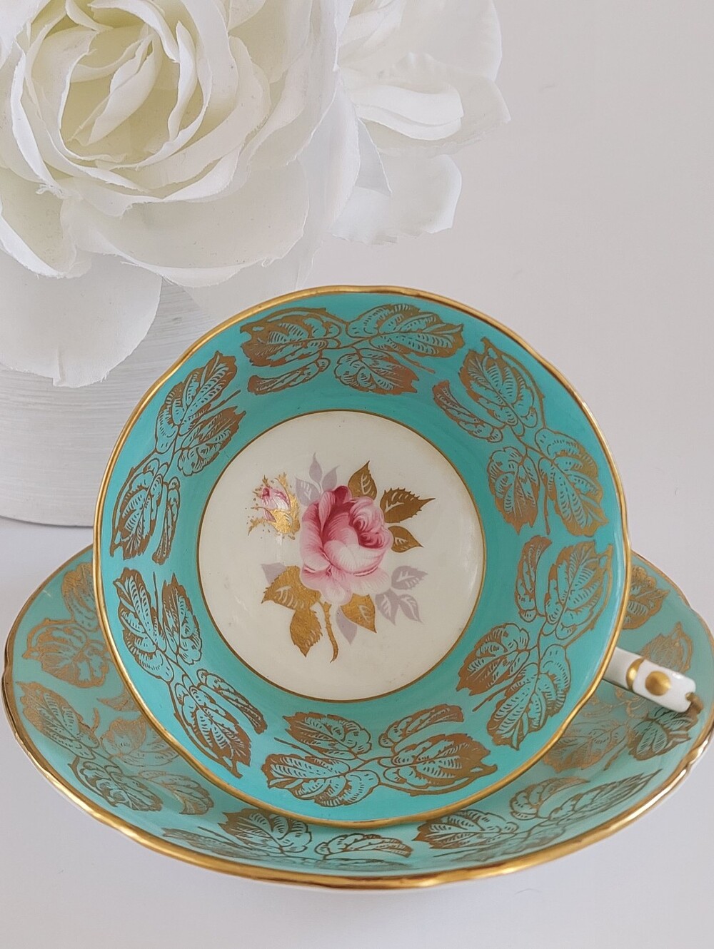 Vintage Royal Grafton Turquoise Gold Leaf Teacup Saucer Set Pink Rose England
